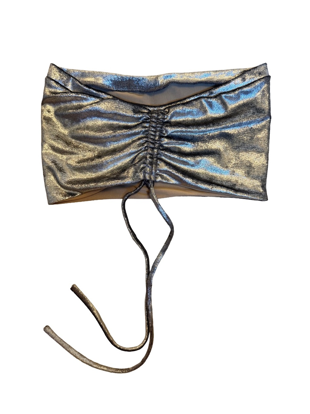 Metallic Silver Ruched Tie-Front Bandeau Top